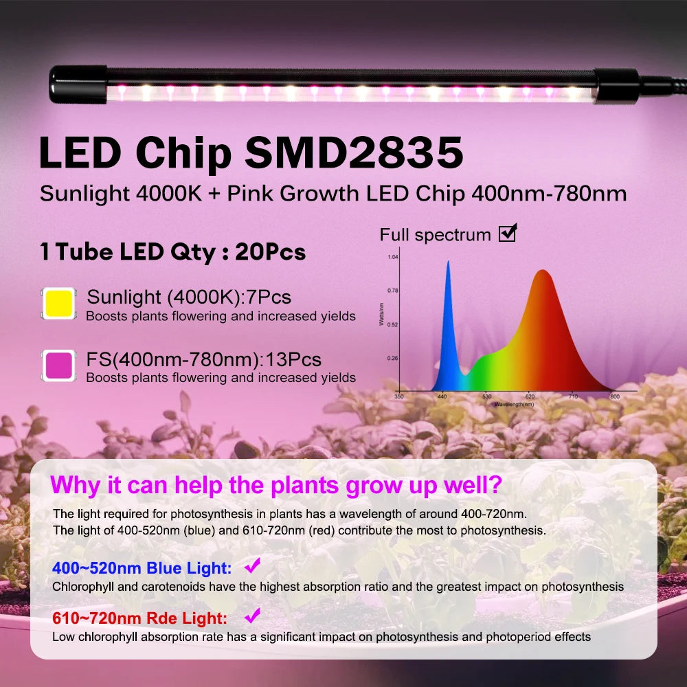 Desktop Clip Full Spectrum LED Grow Lamp 4000K 400Nm 780Nm Timing Three Light Modes Light for Greenhouse Tent Veg Flowers