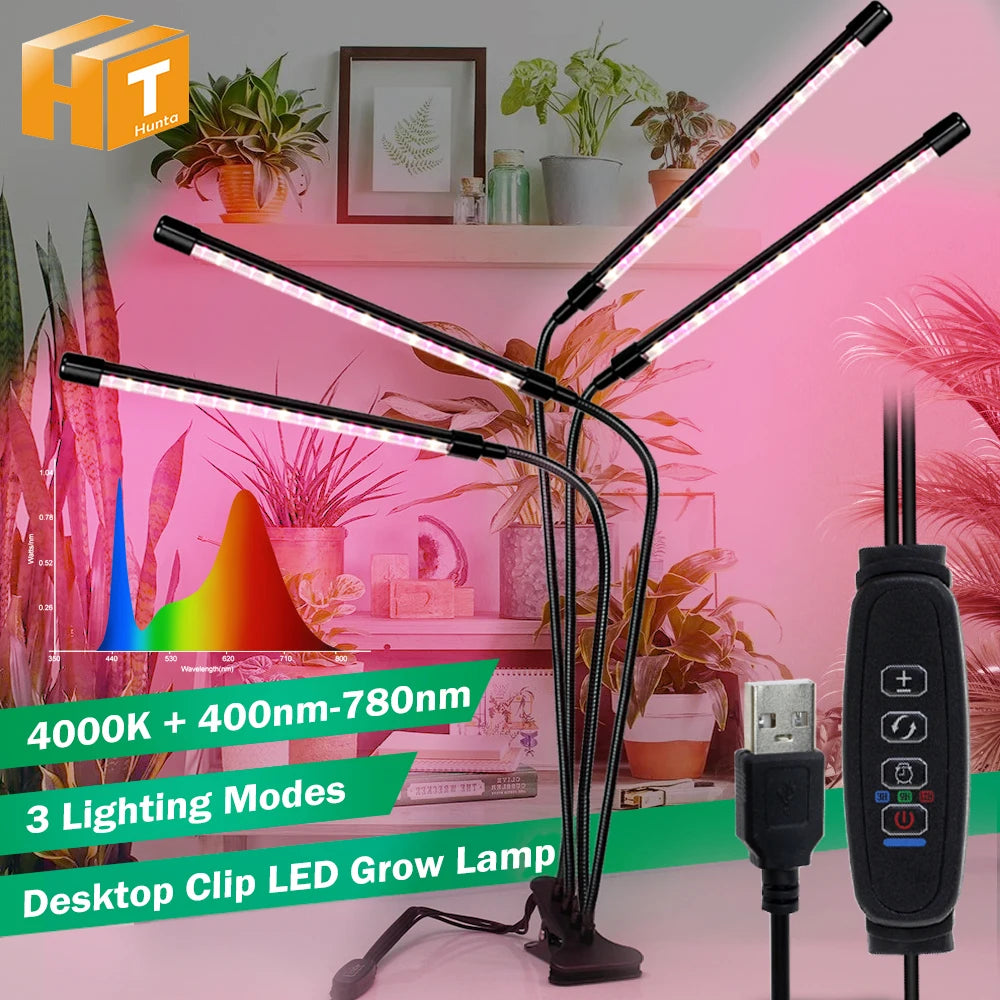 Desktop Clip Full Spectrum LED Grow Lamp 4000K 400Nm 780Nm Timing Three Light Modes Light for Greenhouse Tent Veg Flowers