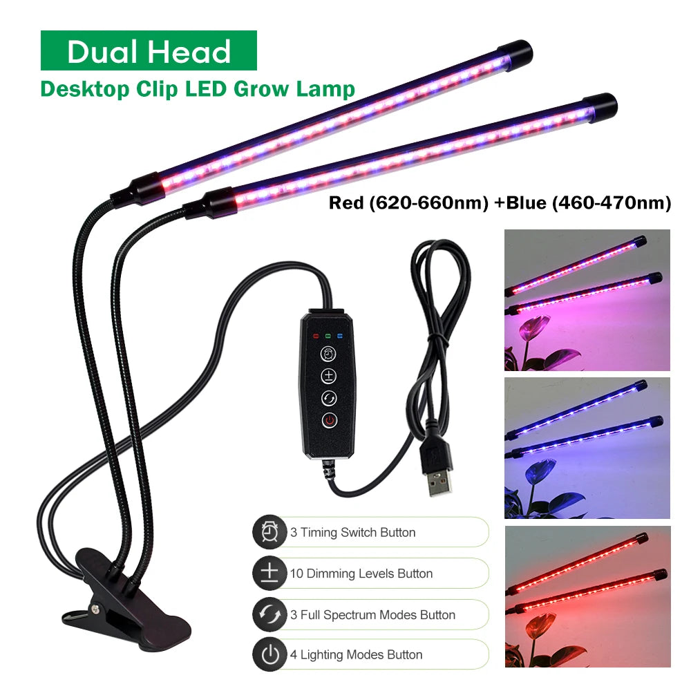 Desktop Clip Full Spectrum LED Grow Lamp 4000K 400Nm 780Nm Timing Three Light Modes Light for Greenhouse Tent Veg Flowers
