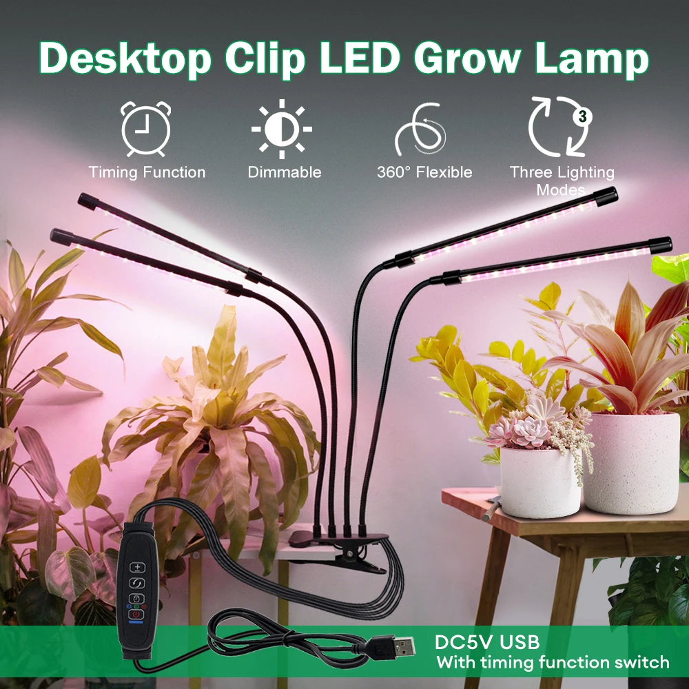 Desktop Clip Full Spectrum LED Grow Lamp 4000K 400Nm 780Nm Timing Three Light Modes Light for Greenhouse Tent Veg Flowers