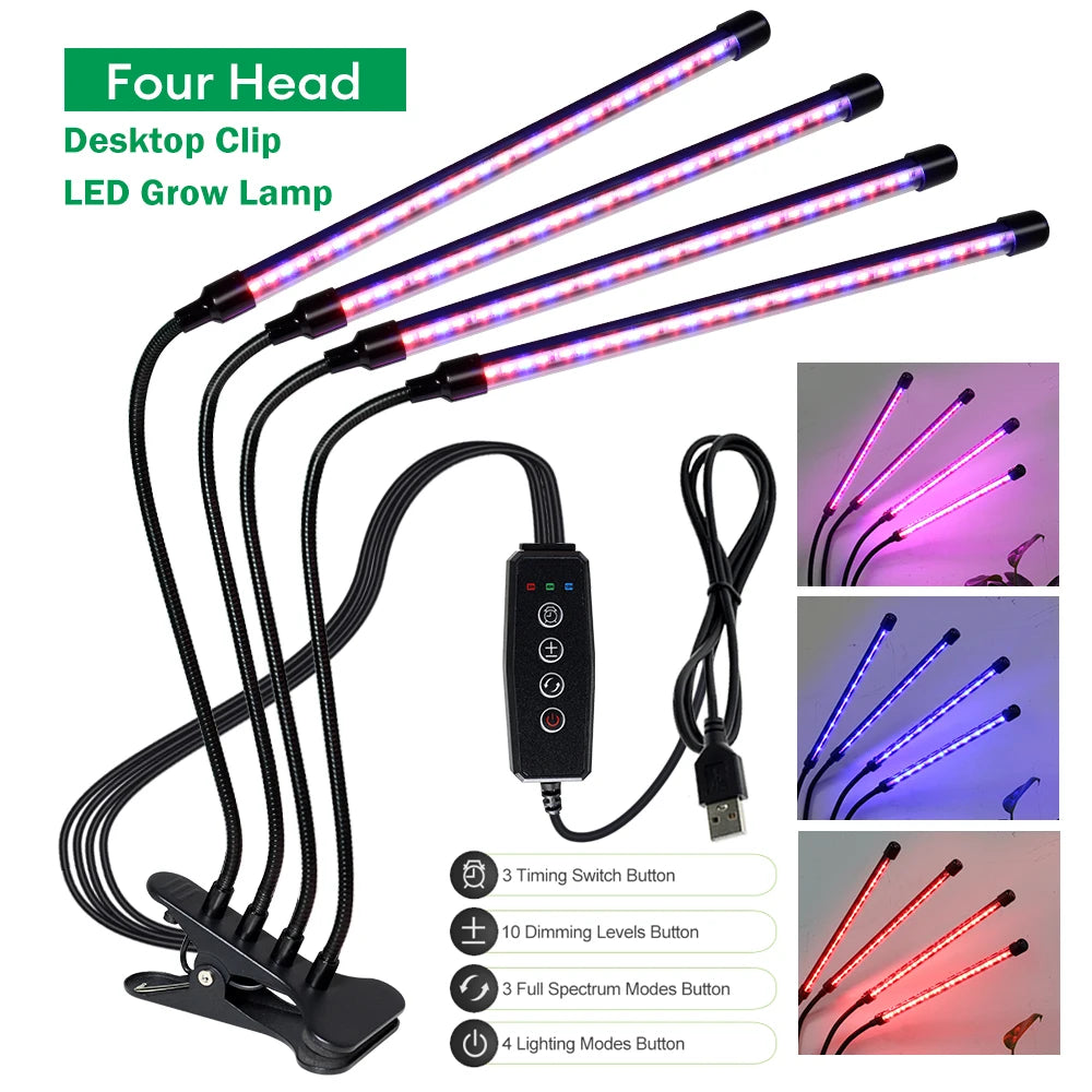 Desktop Clip Full Spectrum LED Grow Lamp 4000K 400Nm 780Nm Timing Three Light Modes Light for Greenhouse Tent Veg Flowers