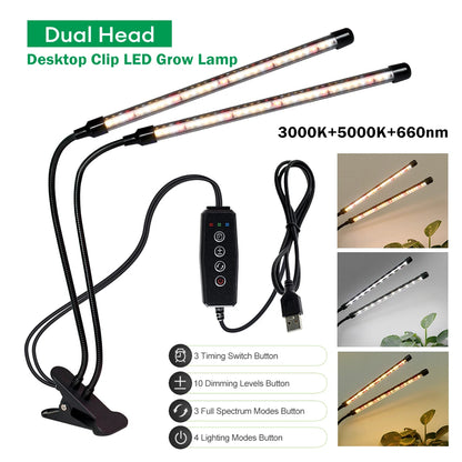 Desktop Clip Full Spectrum LED Grow Lamp 4000K 400Nm 780Nm Timing Three Light Modes Light for Greenhouse Tent Veg Flowers